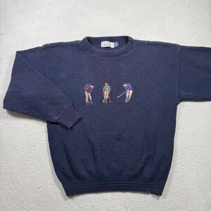 Bill Blass Menswear Navy Blue‎ Golf Embroidered Sweater XL 100% Cotton VTG 90s